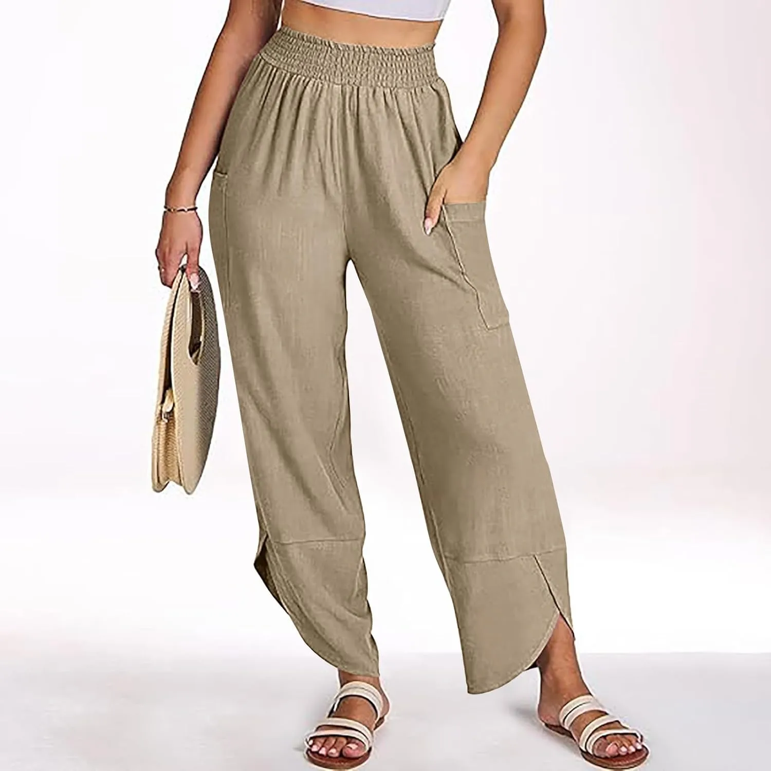 Women's Wide Leg Palazzo Capri Pants Summer Casual Loose High Waisted Lounge Capris Flowy Cropped Beach Work Trousers