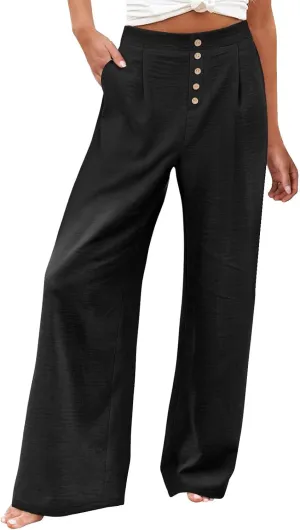 Womens Wide Leg Pants Dressy Casual Elastic High Waisted Palazzo Pants Lightweight Summer Cotton Linen Pants w/Pockets