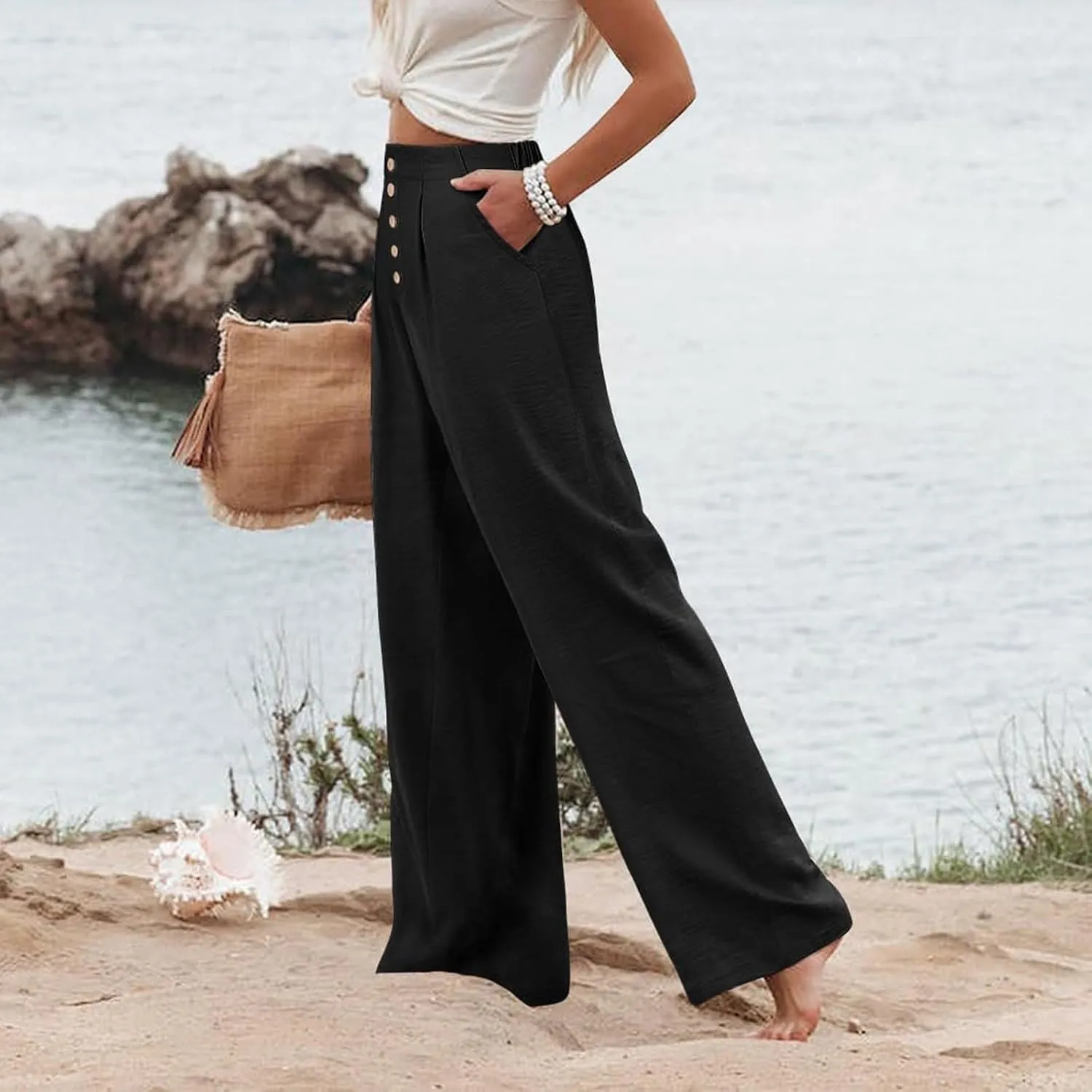Womens Wide Leg Pants Dressy Casual Elastic High Waisted Palazzo Pants Lightweight Summer Cotton Linen Pants w/Pockets