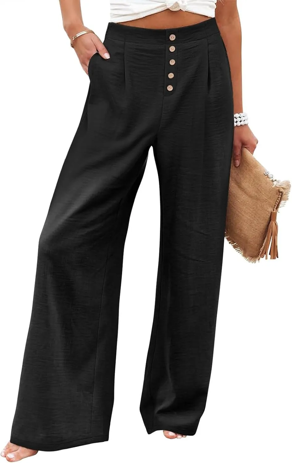 Womens Wide Leg Pants Dressy Casual Elastic High Waisted Palazzo Pants Lightweight Summer Cotton Linen Pants w/Pockets