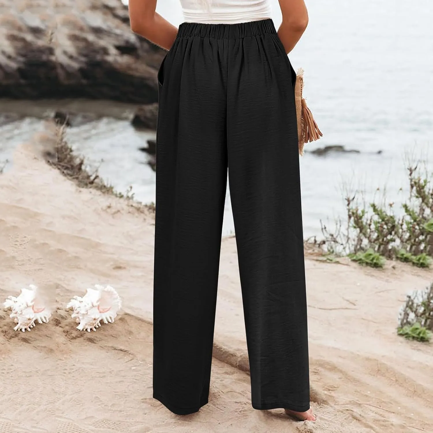 Womens Wide Leg Pants Dressy Casual Elastic High Waisted Palazzo Pants Lightweight Summer Cotton Linen Pants w/Pockets