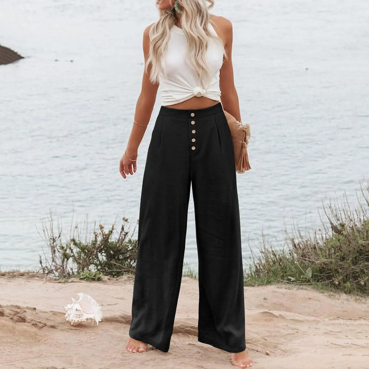 Womens Wide Leg Pants Dressy Casual Elastic High Waisted Palazzo Pants Lightweight Summer Cotton Linen Pants w/Pockets