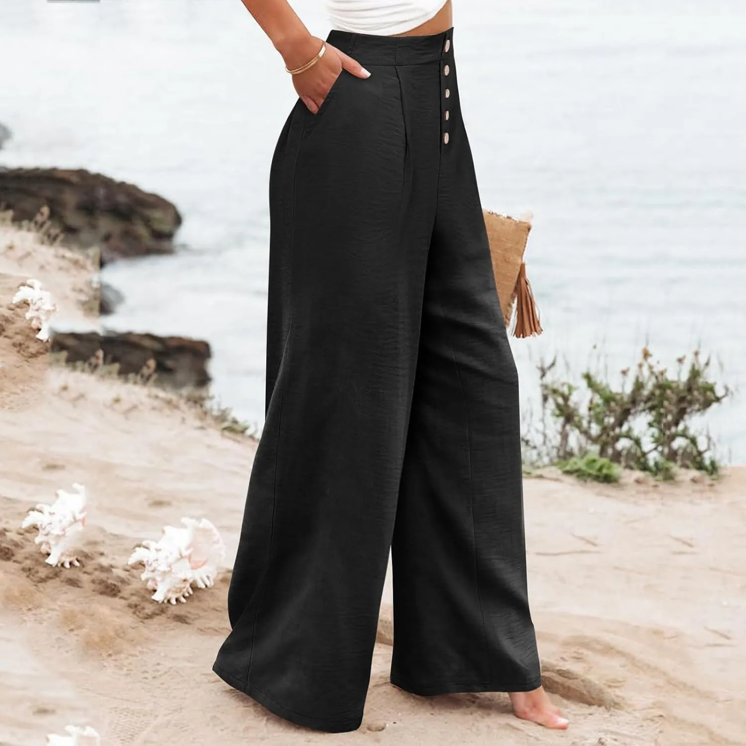 Womens Wide Leg Pants Dressy Casual Elastic High Waisted Palazzo Pants Lightweight Summer Cotton Linen Pants w/Pockets