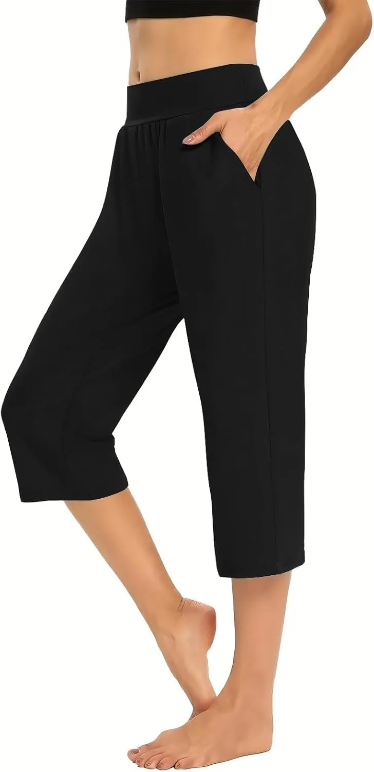 Women's Yoga Pant with Pockets Elastic High Waist Cropped Trousers Comfy Straight Leg Capris Joggers Workout Gym