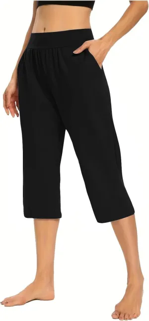 Women's Yoga Pant with Pockets Elastic High Waist Cropped Trousers Comfy Straight Leg Capris Joggers Workout Gym