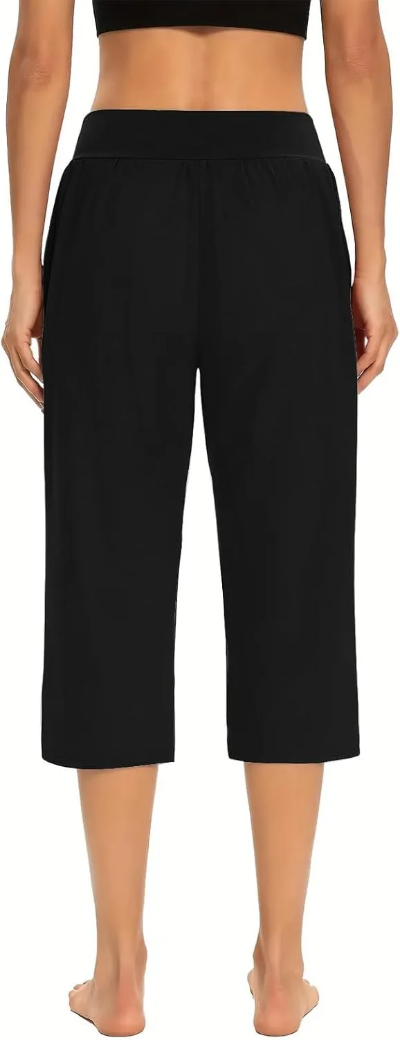 Women's Yoga Pant with Pockets Elastic High Waist Cropped Trousers Comfy Straight Leg Capris Joggers Workout Gym