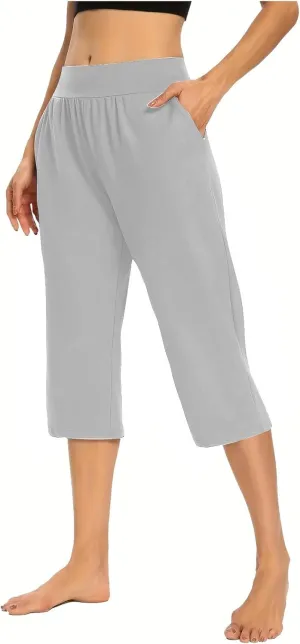 Women's Yoga Pant with Pockets Elastic High Waist Cropped Trousers Comfy Straight Leg Capris Joggers Workout Gym