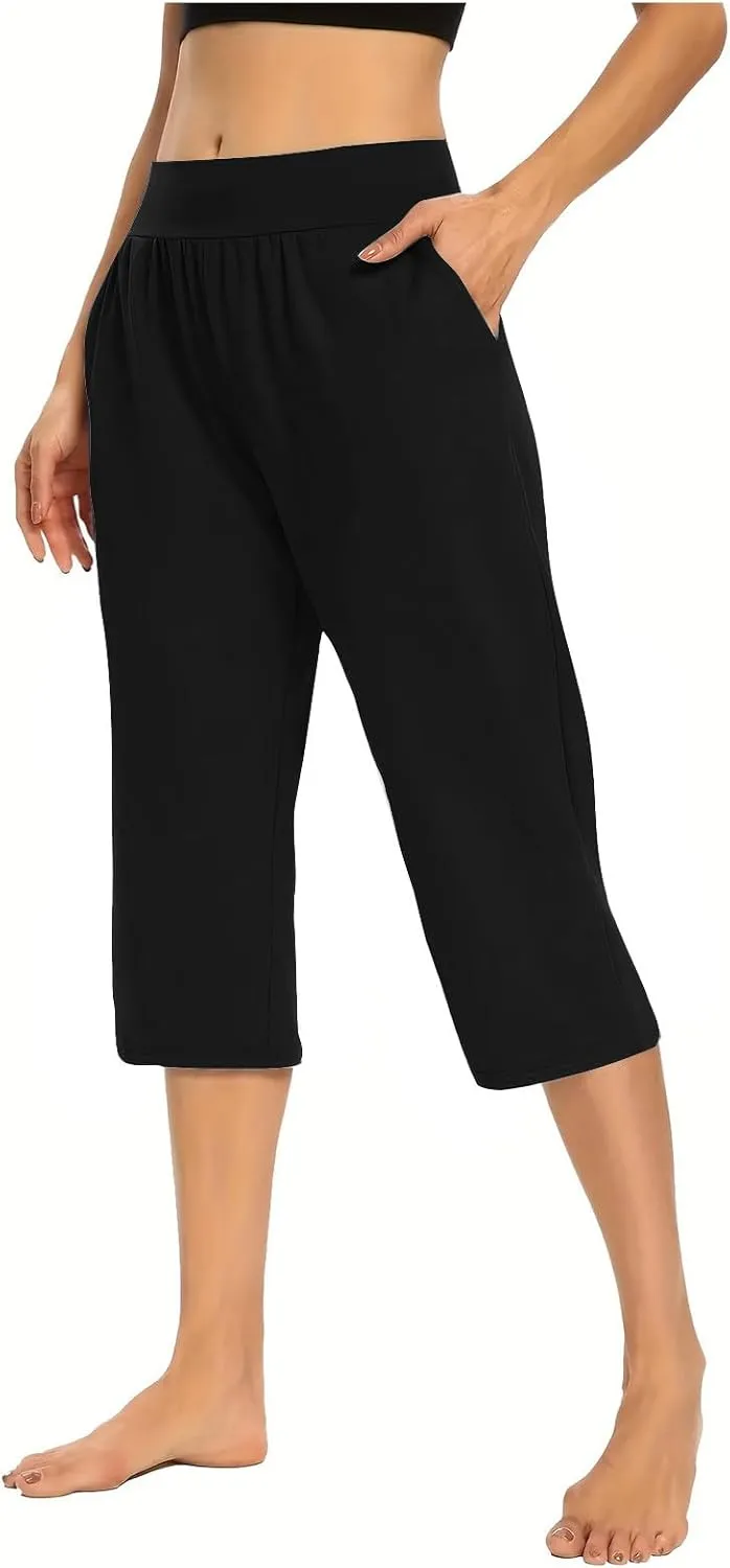 Women's Yoga Pant with Pockets Elastic High Waist Cropped Trousers Comfy Straight Leg Capris Joggers Workout Gym