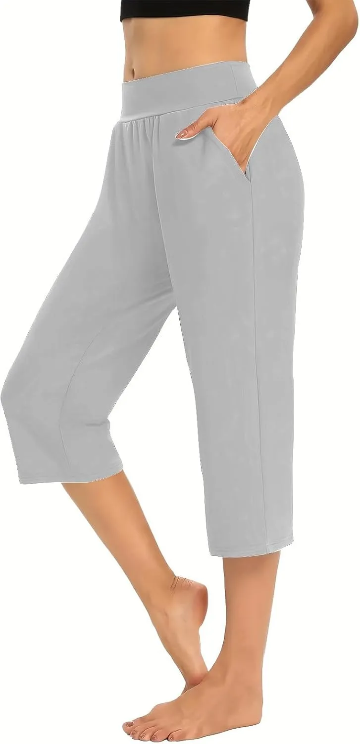 Women's Yoga Pant with Pockets Elastic High Waist Cropped Trousers Comfy Straight Leg Capris Joggers Workout Gym