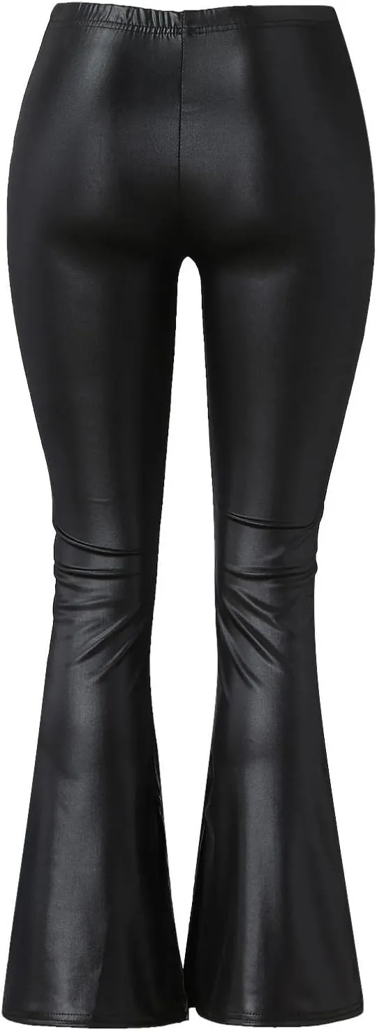 XIAOBU Faux Leather Bootcut Pants Womens Stretch High Waist Trousers Pure Color Split Cuff Slim Casual Pants