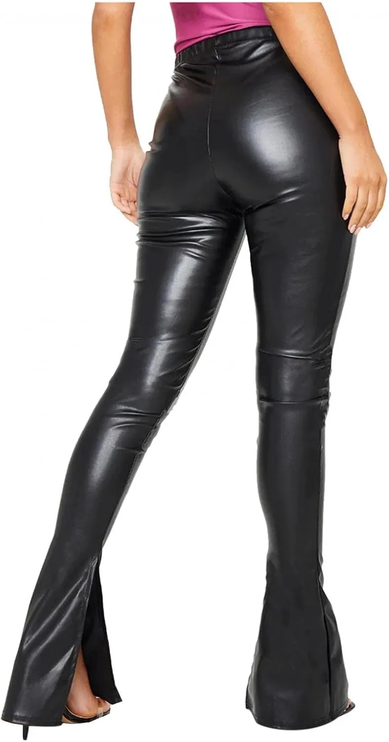 XIAOBU Faux Leather Bootcut Pants Womens Stretch High Waist Trousers Pure Color Split Cuff Slim Casual Pants