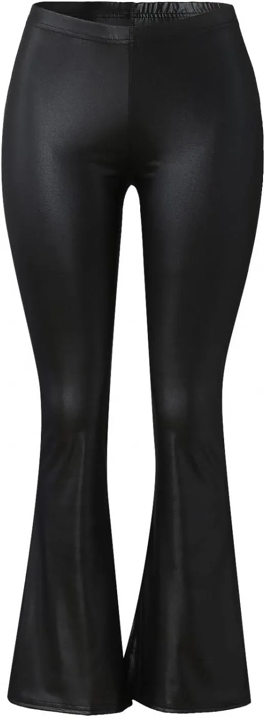 XIAOBU Faux Leather Bootcut Pants Womens Stretch High Waist Trousers Pure Color Split Cuff Slim Casual Pants