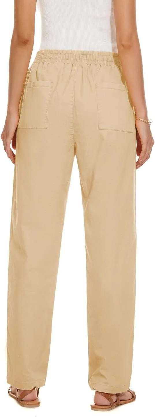 YOCUR Womens Casual Elastic High Waisted Work Pants Cotton Straight Leg Drawstring Trousers