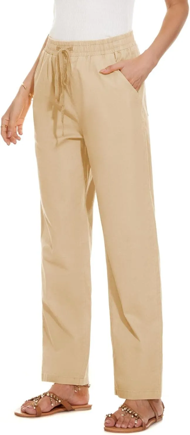 YOCUR Womens Casual Elastic High Waisted Work Pants Cotton Straight Leg Drawstring Trousers