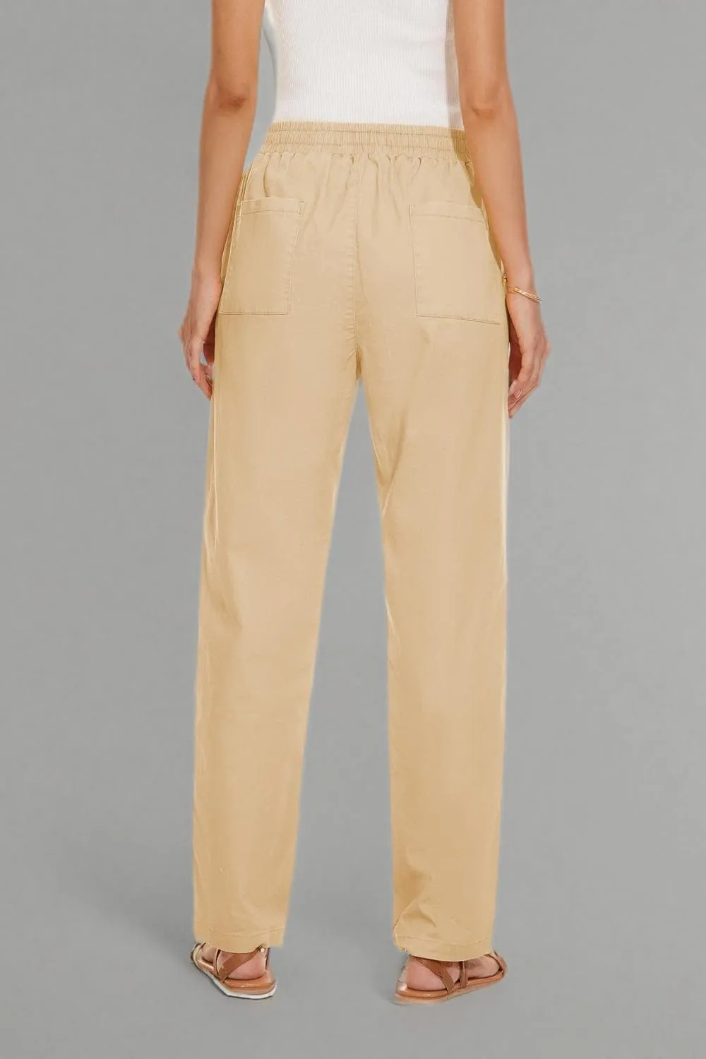 YOCUR Womens Casual Elastic High Waisted Work Pants Cotton Straight Leg Drawstring Trousers