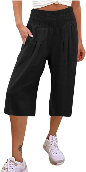 YRAETENM Women's Summer Linen Pants Casual Elastic Waisted Bohemian Capris Trousers Loose Comfy Wide Leg Pants with Pockets