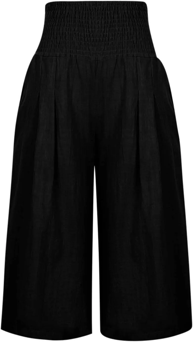 YRAETENM Women's Summer Linen Pants Casual Elastic Waisted Bohemian Capris Trousers Loose Comfy Wide Leg Pants with Pockets