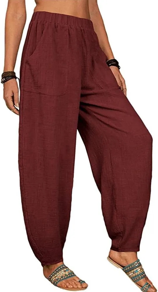 ZOCAVIA Women's Cotton Linen Harem Pants Casual Loose Fit Elastic High Waist Pants Lightweight Baggy Linen Wide Leg Trousers