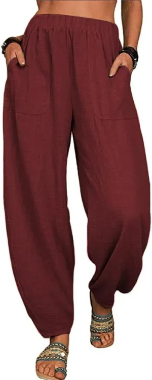 ZOCAVIA Women's Cotton Linen Harem Pants Casual Loose Fit Elastic High Waist Pants Lightweight Baggy Linen Wide Leg Trousers