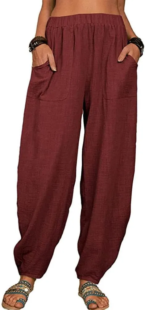 ZOCAVIA Women's Cotton Linen Harem Pants Casual Loose Fit Elastic High Waist Pants Lightweight Baggy Linen Wide Leg Trousers