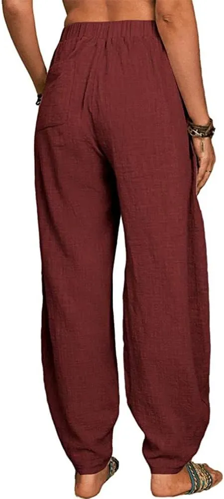 ZOCAVIA Women's Cotton Linen Harem Pants Casual Loose Fit Elastic High Waist Pants Lightweight Baggy Linen Wide Leg Trousers