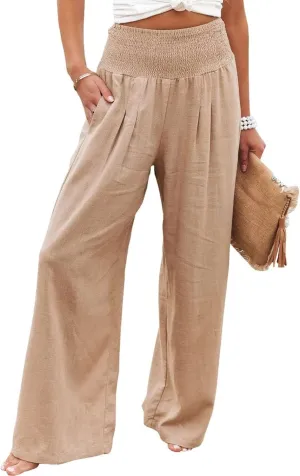 ZWRXW Linen Pants for Women 2024 Summer Wide Leg High Waist Palazzo Lounge Pants Beach Work Boho Casual Trousers with Pockets