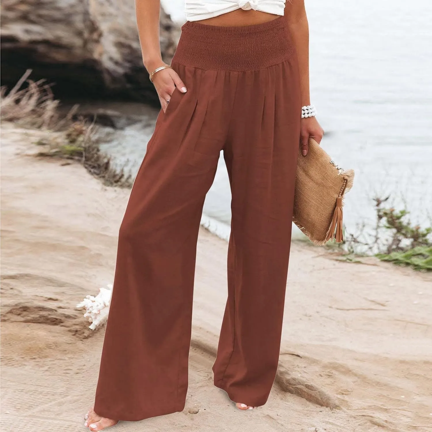 ZYXTIM Womens Linen Palazzo Pants Marble Print Boho Summer Beach Trousers High Rise Wide Leg Casual Lounge Pant with Pockets