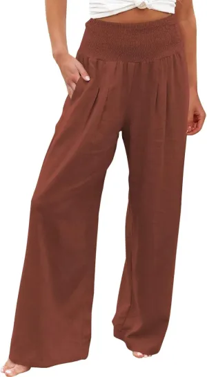 ZYXTIM Womens Linen Palazzo Pants Marble Print Boho Summer Beach Trousers High Rise Wide Leg Casual Lounge Pant with Pockets